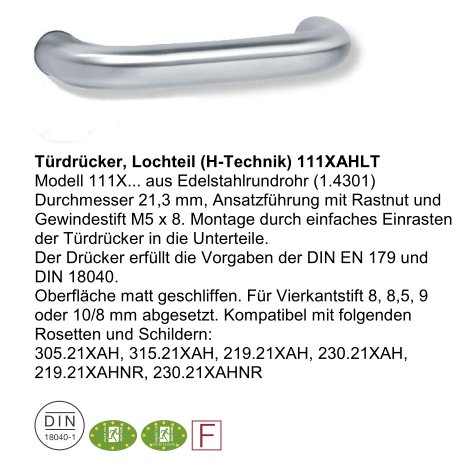 HEWI 111XAHLT Türdrückerlochteil,ø21mm, H-Technik, matt-schliff, VK8